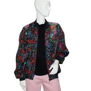 DON'T STOP‎ Floral Print Vintage Bomber Jacket Silk Black Multi Women's Size M